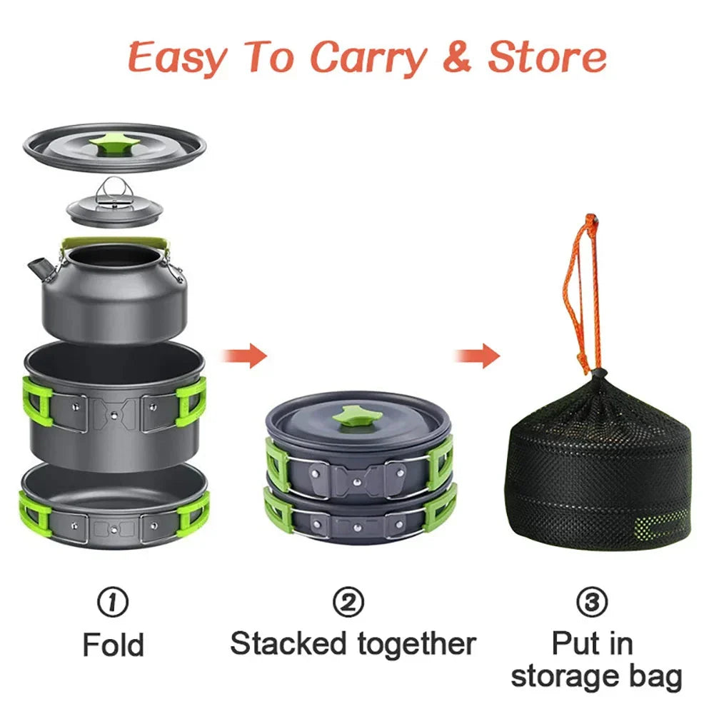 Camping Cooking Set – Travel Cookware & Tea Kettle for 2-3 People