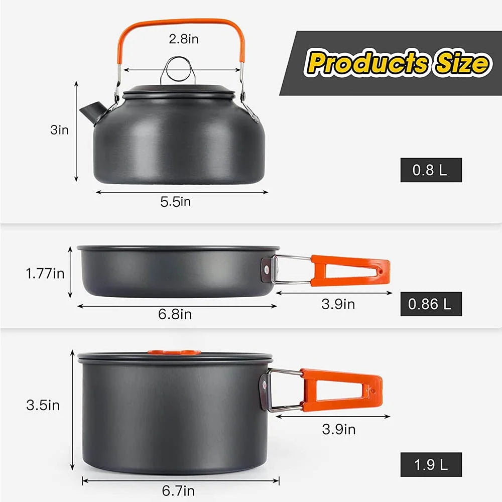 Camping Cooking Set – Travel Cookware & Tea Kettle for 2-3 People